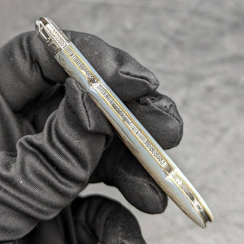 1910 British Antique White Pearl Shell Handle Pure Silver Engraving Blade Folding Pen Knife